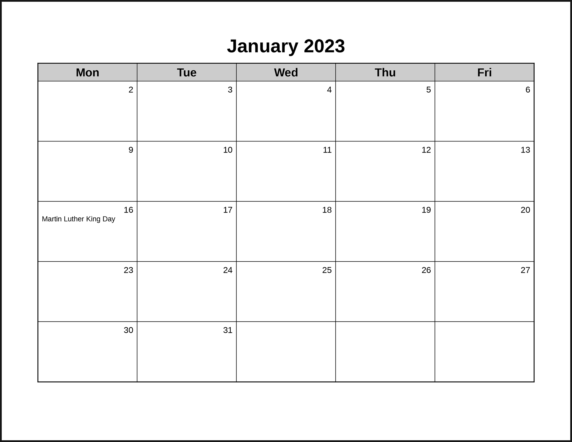 Printable Calendar - Mon-Fri Monthly Landscape